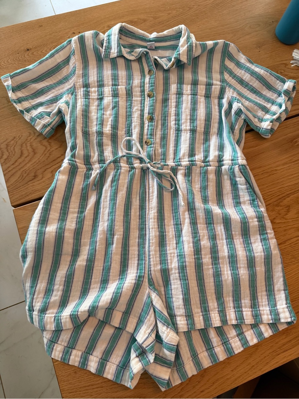 Old Navy Teal and Cream Striped Short Sleeve Cotton Romper